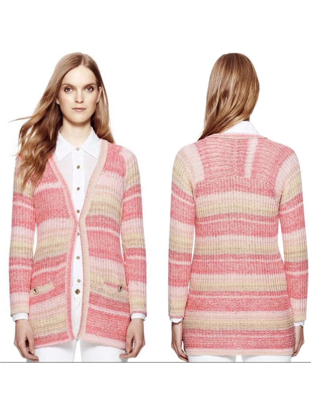 ⭐️NWT⭐️Tory Burch Erin Cardigan Coral Pink Multi-Striped Open Front Cardigan